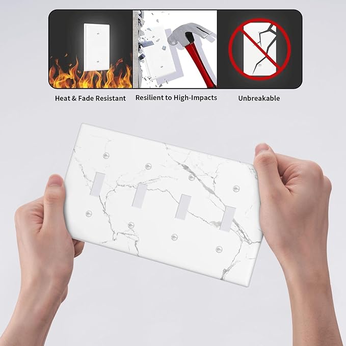 Luxurious White Marble Abstract Print Light Switch Covers Quad Toggle Electrical Faceplate 4 Gang Wall Plate Decorative Switch Plates Cover for Bathroom Kitchen Bedroom Decor