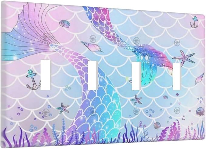 Cartoon Blue Purple Pink Girl Mermaid Scales Tail 4 Gang Quad Toggle Decorator Light Switch Cover Girly Kids Nursery Cute Conch Underwater Theme Wall Plate Decorative Electrical Faceplate Switchplate