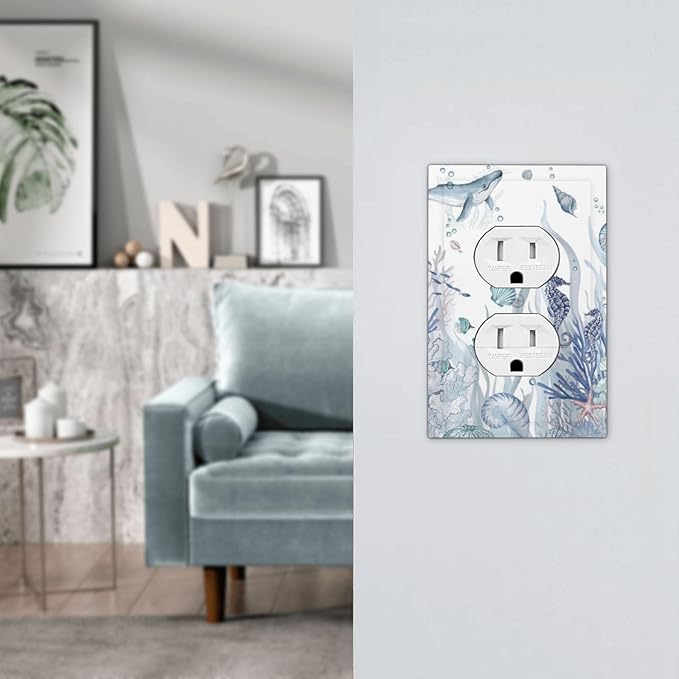 Ocean Themed Coral Seahorse Seashell Starfish Beach Outlet Covers 1 Gang Duplex Light Switch Cover Decorative Switch Plates Electrical Receptacle Faceplate Wall Plate for Bathroom Home Decor