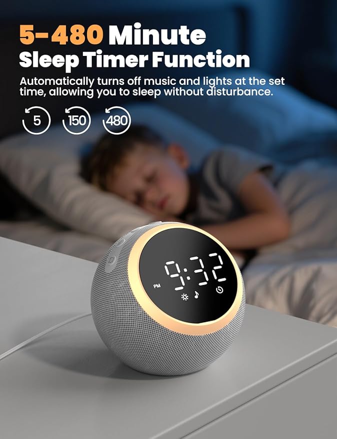 LIORQUE Alarm Clock with White Noise Machine & Night Light, 25 Soothing Sound, Adjustable Volume, Sleep Timer, Ideal for Baby Kids Adult, Easy to Use Alarm Clock for Bedrooms