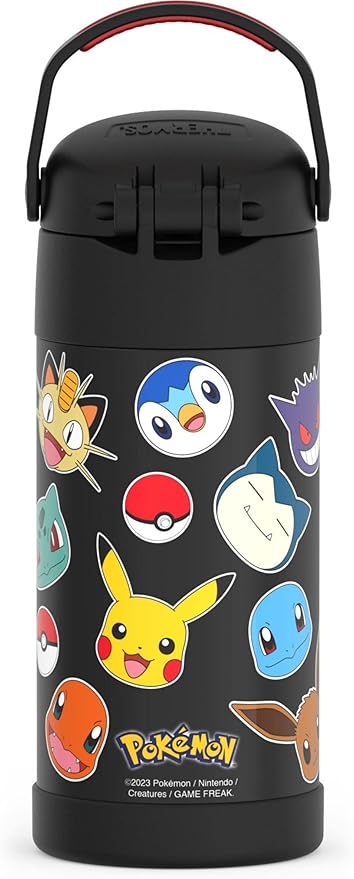 THERMOS FUNTAINER Water Bottle with Straw - 12 Ounce - Kids Stainless Steel Vacuum Insulated Water Bottle with Lid,Pokémon,(Pack of 6)