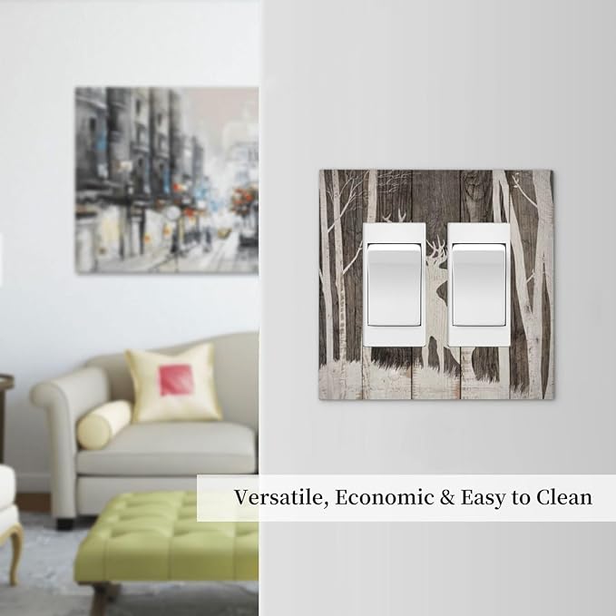 Vintage Wood Forest Deer Wildlife Animal Silhouette Decorative Outlet Covers 2 Gang Double GFCI Rocker Electrical Wall Panels Light Switch Cover Plate for Farmhouse Home Decor