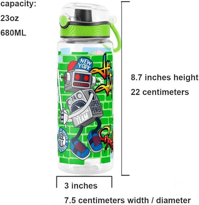 Home Tune Cute Water Bottle for School Kids Girls, BPA FREE Tritan & Leak Proof & Easy Clean & Carry Handle, 23oz/ 680ml - Sports Robot