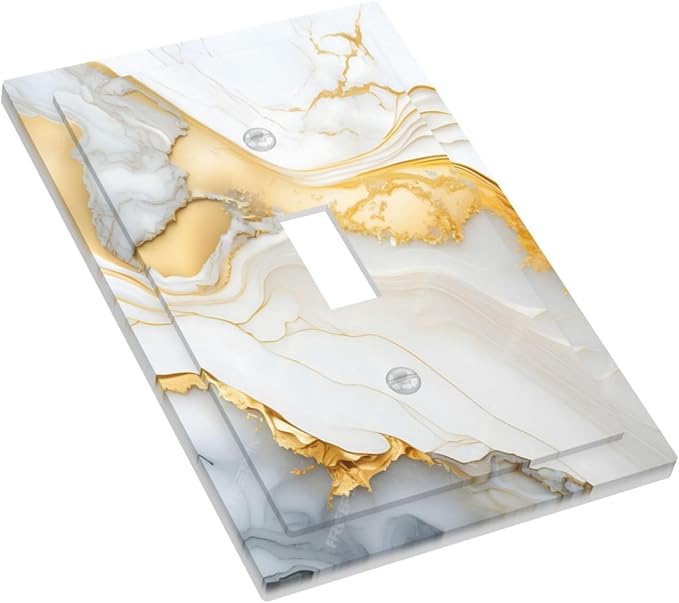 Exquisite White Gold Marble Abstract Luxurious Print Decorative Light Switch Cover 1 Gang Single Toggle Device Electrical Faceplate Switchplates Decorator Outlet Wall Plate for Bathroom Kitchen Decor