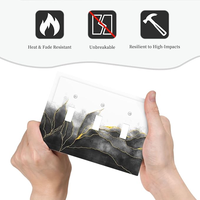 Decorative Switch Plates Black And Gold Marble White Golden Leaves 3 Gang Wall Plate Faceplate Triple Toggle Light Switch Cover Electrical Wall Panels for Bedroom living Room Decor