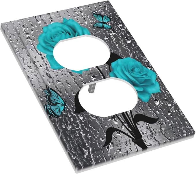 Teal Turquoise Blue Gray Grey Raindrop Rose Flower Floral 1 Device Gang Duplex Receptacle Wall Plate Outlet Cover Romantic Pretty Butterfly Electrical One Gang Dual Light Switch Faceplate Socket Cover