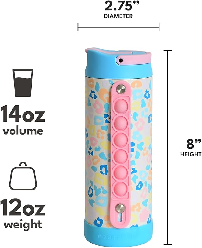 Elemental Iconic Kids Water Bottle for School - 100% Leak-Proof Insulated Water Bottles with Straw Lid & Pop-It Handle for Boys & Girls - Triple-Wall Insulated & BPA-Free, 14oz – Pastel Leopard