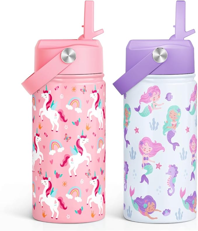 SANDJEST Kids Water Bottle with Straw Lid, Pack of 2 Insulated 12 Oz Stainless Steel Water Bottles for Girls, Travel Cup for School Sports, Unicorn - Mermaid
