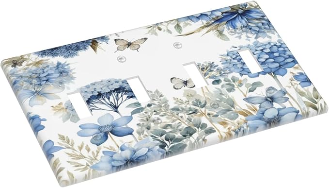 Decorative Light Switch Plate Covers Boho Blue Flowers Rustic Beige Butterfly Leaves 4 Gang Wall Plate Switch Cover Plate Quad Toggle Jumbo Electrical Faceplate for Country Home Decor