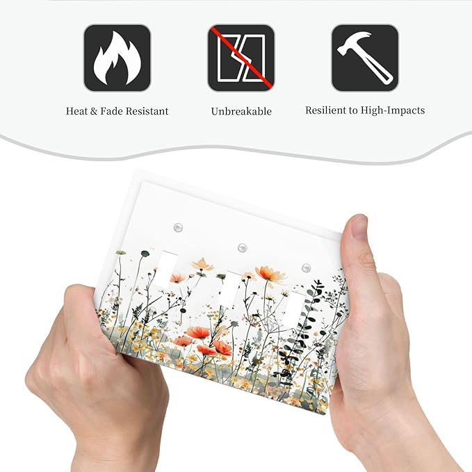 Vintage Country Style Watercolor Leaves Wildflowers Floral Decorative Switch Plates 3 Gang Wall Plate Triple Toggle Light Switch Cover Faceplate Electrical Wall Panels for Bedroom Living Room Decor