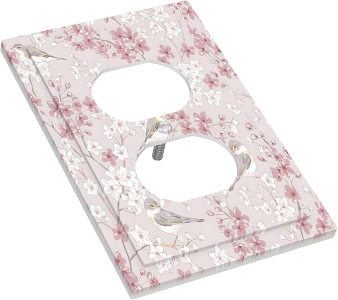 Pink Sakura Cherry Blossom Vintage Bird Floral Flower Outlet Covers 1 Gang Duplex Light Switch Cover Decorative Switch Plates Electrical Receptacle Faceplate Wall Plate for Bedroom Living Room Decor