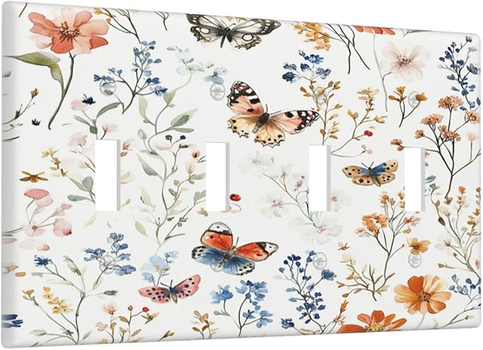 Light Switch Covers Vintage Wildflowers Plants Floral Quad Toggle Electrical Faceplate 4 Gang Wall Plate Decorative Switch Plates For Bed Room Living Room Decor