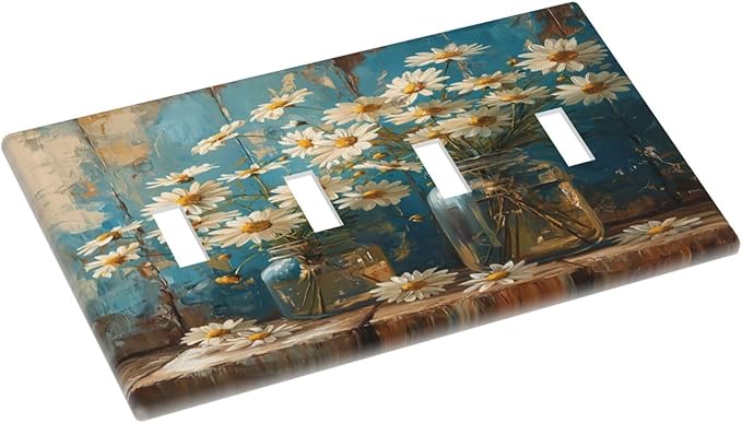 Delicate White Daisy Jars Retro Wood Background Light Switch Covers Quad Toggle Electrical Faceplate 4 Gang Wall Plate Decorative Switch Plates Cover for Farmhouse Home Decor