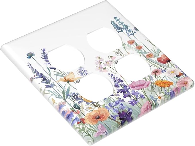 Colorful Floral Purple Lavender Flower Leaves Plants Outlet Covers 2 Gang Double Duplex Decorative Light Switch Covers Electrical Wallplates Socket Faceplate for Bed Room Living Room Decor