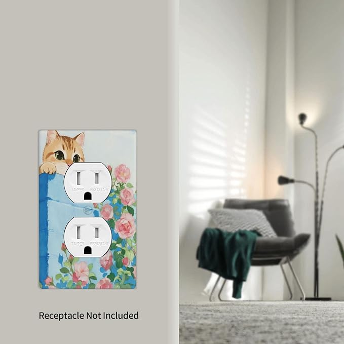 Cat Flower Single Duplex Receptacle Outlet Cover Wall Plate Decorative 1 Gang Light Switch Covers Electrical Switchplate Home Decorate Faceplat for Bathroom Bedroom Kitchen Room 4.5 x 2.76 Inch