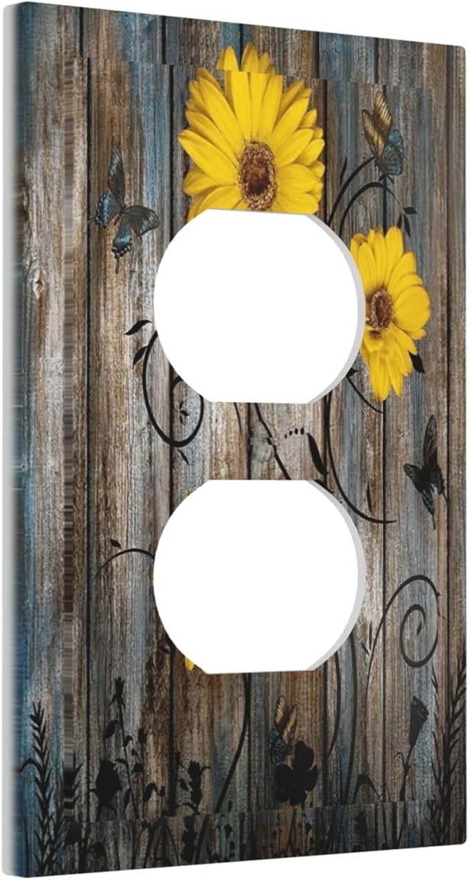 Rustic Barn Sunflower Wooden Daisy Flower Plank Outlet Covers 1 Gang Duplex Light Switch Cover Decorative Switch Plates Electrical Receptacle Faceplate Wall Plate for Farmhouse Home Decor