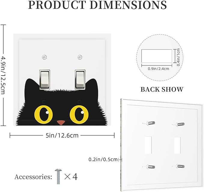 Peeking Cute Black Cat Double Toggle Switch Cover - 2-Gang Standard US Size Curious Cat Eyes Light Switch Covers for Cat Lover Decor