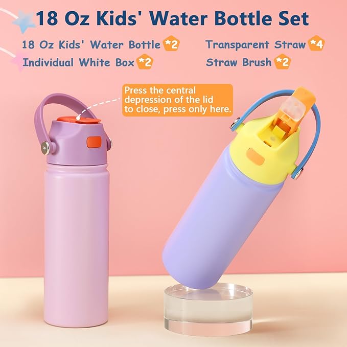 2 PACK 18 OZ Water Bottle for Kids, Stainless Steel Double Insulated Sports Water Bottle, Leak Proof Straw Cup for School, Gifts and Travel, BPA Free (Light Pink, Dark Blue)