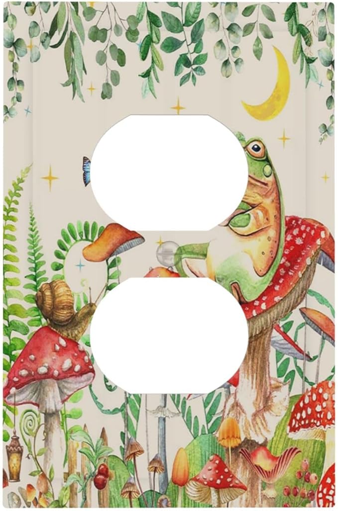 Outlet Covers Boho Mushrooms Frogs Butterflies Flowers Moon Stars 1 Gang Duplex Electrical Receptacle Faceplate Light Switch Cover Wall Plate Decorative Switch Plates for Kids room Bedroom