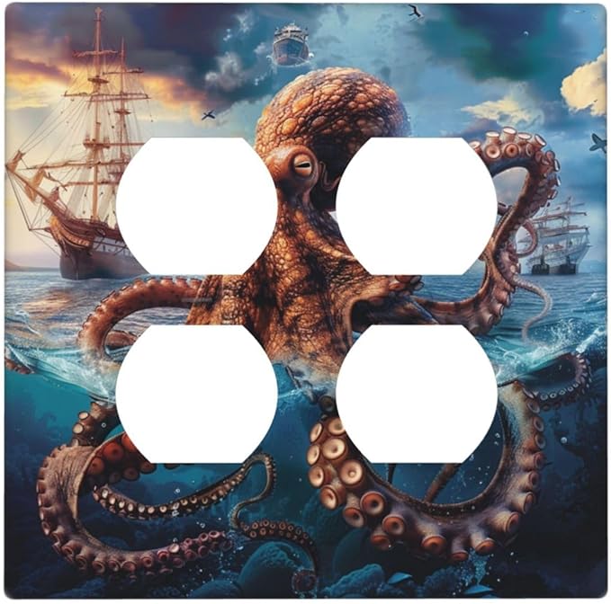 Decorative Light Switch Cover Plate Deep Ocean Octopus Sailboat Sea Monster 2 Gang Decorative Switch Plates 1 Toggle Duplex Combo Outlet Covers GFCI Plug Covers Wallplates for Bathroom Bedroom Decor