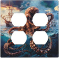 Decorative Light Switch Cover Plate Deep Ocean Octopus Sailboat Sea Monster 2 Gang Decorative Switch Plates 1 Toggle Duplex Combo Outlet Covers GFCI Plug Covers Wallplates for Bathroom Bedroom Decor