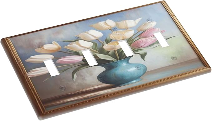 Decorative Art Light Switch Covers Tulips In Vase Quad Toggle 4 Gang Wall Plate Switch plate Electrical Faceplate for Home Decor