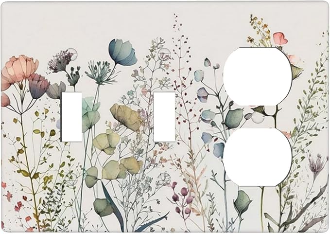 Beige/Tan Wildflower Floral Blossom 3-Gang 2-Toggle 1-Duplex Receptacle Combination Light Switch Rustic Watercolor Flowers Decorative Triple Combo Device Switches/Rocker Outlet Covers and Wall Plate