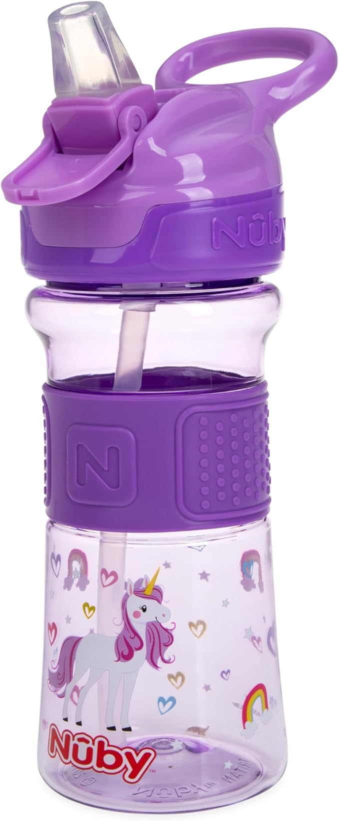 Nuby Thirsty Kids Push Button Flip-it Soft Spout on The Go Water Bottle with Easy Grip Band, 12oz, Unicorn