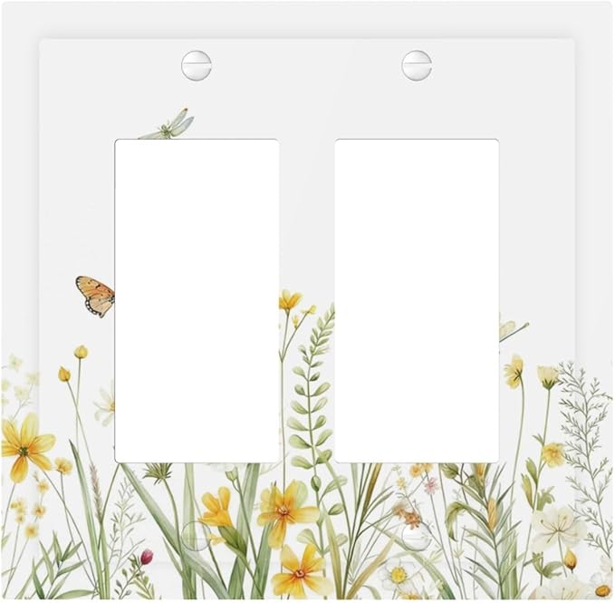 Colorful Wildflowers Dragonfly Butterfly Floral Decorative Outlet Covers 2 Gang Double GFCI Rocker Electrical Wall Panels Light Switch Cover Plate for Bedroom Living Room Decor