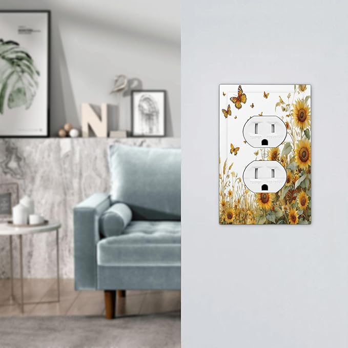 Sunflower Gold Wildflowers Summer Butterfly Outlet Covers 1 Gang Duplex Light Switch Cover Decorative Switch Plates Electrical Receptacle Faceplate Wall Plate for Bedroom Living Room Decor