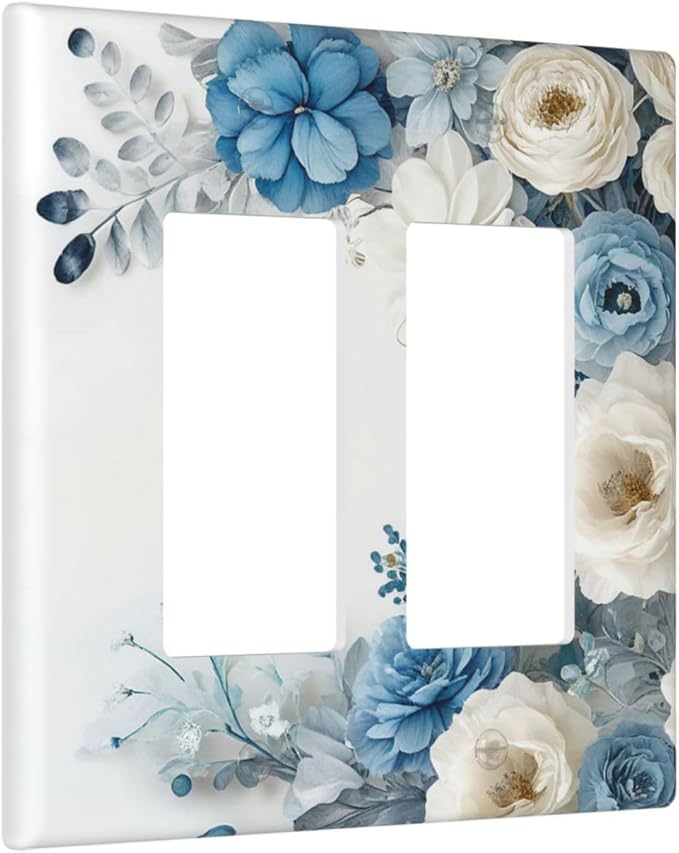 Decorative Outlet Covers Blue Rose White Flowers Rustic Floral 2 Gang Wall Plate Double Rocker Two Switch Wall Cover Plate Jumbo Dual Electrical GFCI Face Plate for Switch Decor