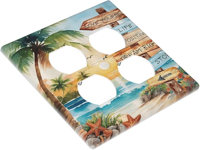 Tropical Beach Palm Tree Summer Coastal Ocean Sunset Outlet Covers 2 Gang Double Duplex Decorative Light Switch Covers Electrical Wallplates Socket Faceplate for Bedroom Living Room Decor