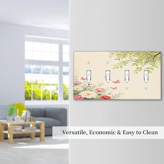 Light Switch Covers Garden Flowers Green Leaves And Butterflies Quad Toggle 4 Gang Wall Plate Electrical Faceplate Decorative Switch Plates for Bedroom Cabin Decor