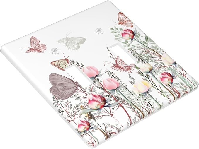 Wildflower Butterfly 2-Gang Double Toggle Switch Plate, Pink Floral Vintage Wall Plate for Home, Bedroom, Sunroom & Bathroom