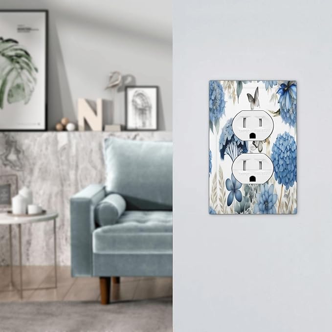 Blue Floral Hydrangea Floral Butterfly Flower Plant Outlet Covers 1 Gang Duplex Light Switch Cover Decorative Switch Plates Electrical Receptacle Faceplate Wall Plate for Bedroom Living Room Decor