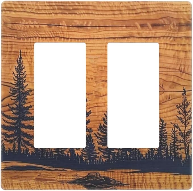Country Pine Tree Forest Woodland Wood 2 Gang Double Rocker/Decorator Face Wall Plate Decorative Outlet Covers Vintage Farm Lodge on Orange Wooden Electrical GFCI Dimmer Light Switch Cover (Plastic)