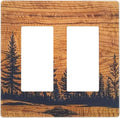 Country Pine Tree Forest Woodland Wood 2 Gang Double Rocker/Decorator Face Wall Plate Decorative Outlet Covers Vintage Farm Lodge on Orange Wooden Electrical GFCI Dimmer Light Switch Cover (Plastic)