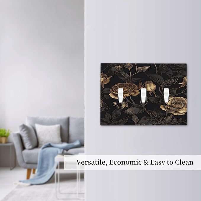 Black Floral Dark Vintage Gold Rose Flower Decorative Switch Plates 3 Gang Wall Plate Triple Toggle Light Switch Cover Faceplate Electrical Wall Panels for Bedroom Living Room Decor
