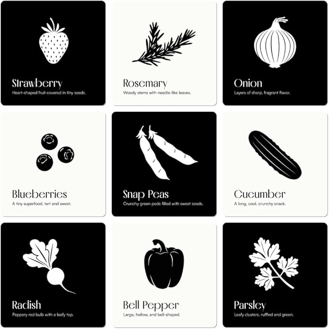 Garden for Baby Black and White Cards by Chunky Deli | High Contrast Sensory Toy for Newborn Visual Stimulation & Tummy Time | 10 Laminated Infant Learning Cards | Unique Foodie