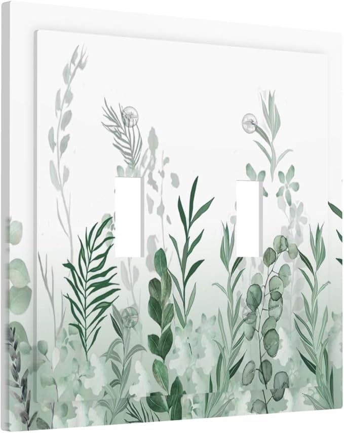Watercolor Green Leaf Rustic Plant Eucalyptus Flowers Decorative Switch Plates 2 Gang Double Toggle Outlet Light Switch Cover Wall Plate Electrical Faceplate for Bed Room Living Room Decor