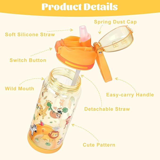 decalsweet Kids Water Bottle 20oz Durable Leak-Proof Plastic Water Cup for Kids Toddlers,With Straw Handle and Pop-Up Spout Cover,Safe for School Sports Daycare Travel & Camp