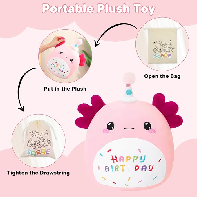 SQEQE Happy Birthday Axolotl Plush Axolotl Stuffed Animal Toy Pink Birthday Plushies Home Decor for Girls Boys Kids（8Inch