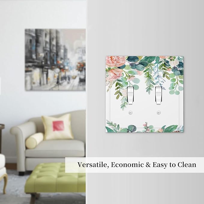 Green Eucalyptus Leaves Floral Watercolor Flower Decorative Switch Plates 2 Gang Double Toggle Outlet Light Switch Cover Wall Plate Electrical Faceplate for Bed Room Living Room Decor