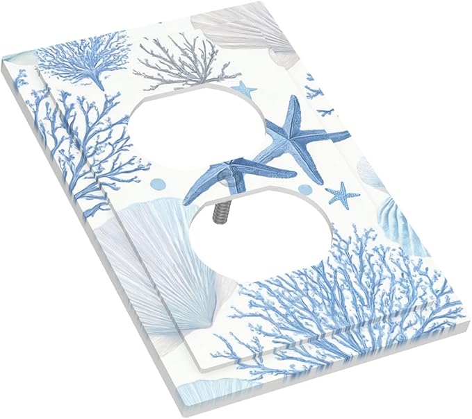Coastal Blue Coral & Starfish Duplex Wall Plate - 1-Gang Standard US Size Watercolor Ocean Treasures Outlet Covers, Serene Underwater Garden for Beach House Decor