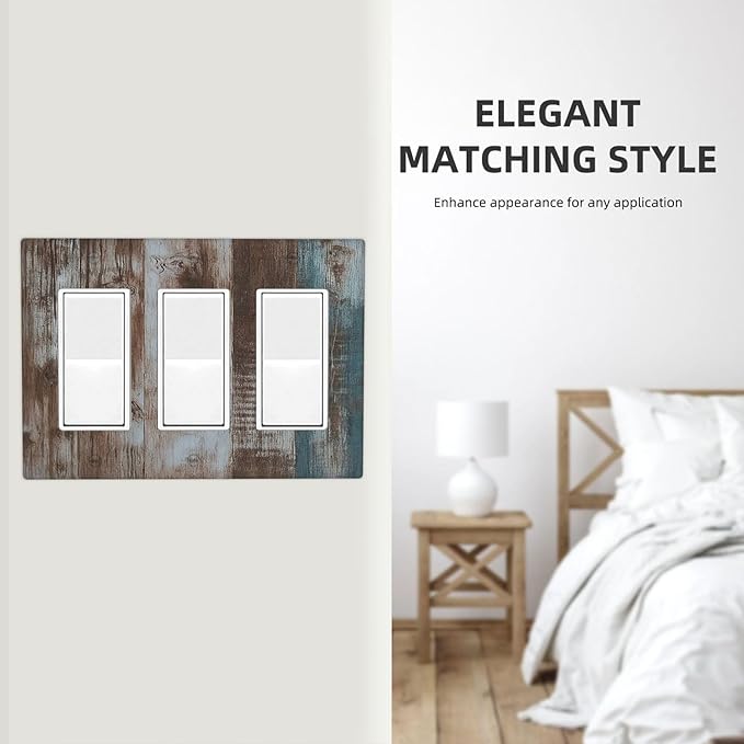 Vintage Blue Brown Wood Grain Light Switch Covers 3 Gang Rocker Decorative Triple Outlet Wall Plate Cover Switchplate Electrical Gfci for Bedroom Farmhouse Decor