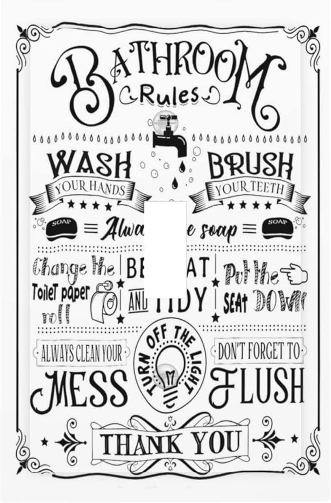 Funny Toilet Bathroom Bathtub 1 Gang Electrical Single Toggle Device Switch Wall Plate Washroom Bath Rules Positvie Quotes Inspirational Sign Jumbo Size Decorative Outlet Light Switch Face Plate Cover