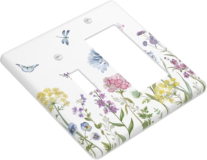 Colorful Wildflowers Dragonfly Lavender Butterfly Insect Outlet Covers 1 Toggle 1 Rocker Combination Decorative Wall Plate Electrical Switch Plates Light Switch Cover Plate for Bedroom Living Room