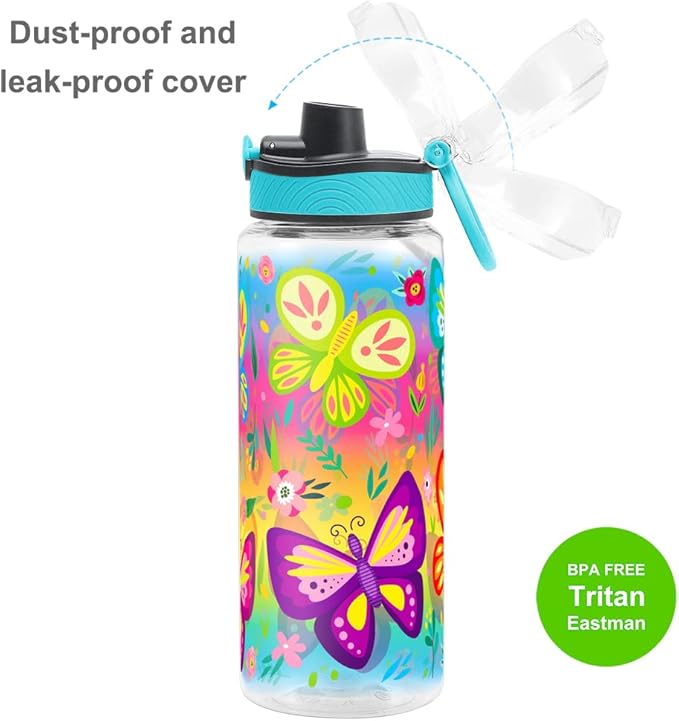 Home Tune Cute Water Bottle for School Kids Girls, BPA FREE Tritan & Leak Proof & Easy Clean & Carry Handle, 23oz/ 680ml - Butterfly