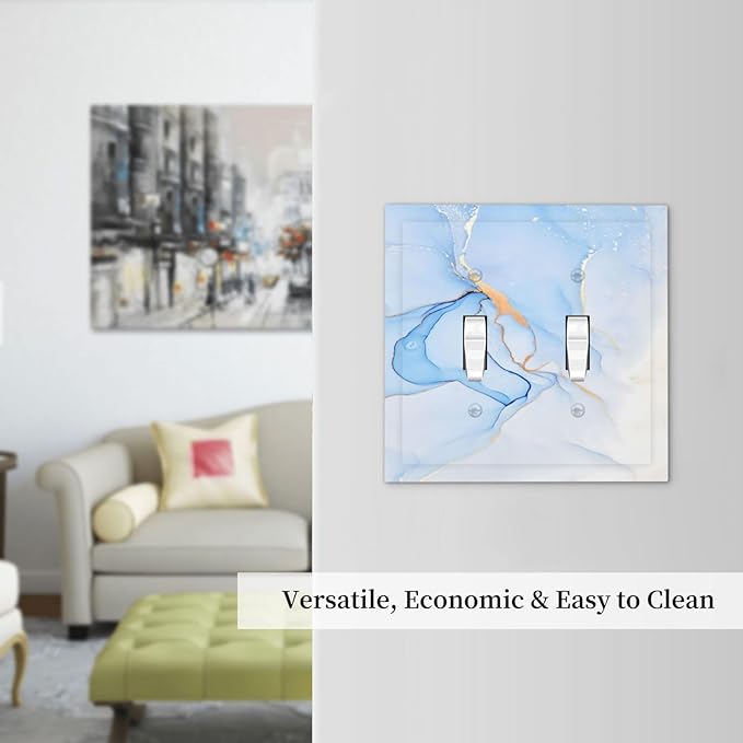 Modern Art Blue Gold Marble Abstract Luxury Print Decorative Switch Plates 2 Gang Double Toggle Outlet Light Switch Cover Wall Plate Electrical Faceplate for Bathroom Living Room Decor