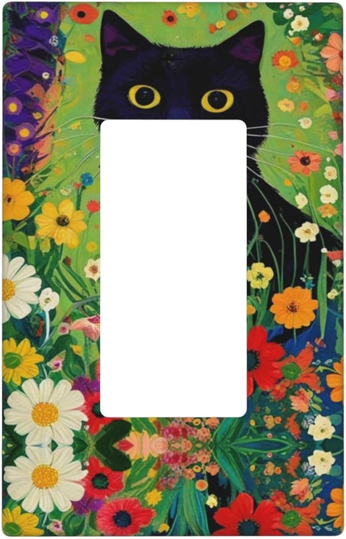Decorative Art Light Switch Covers Cute Cat & Floral 1 Gang Rocker Outlet Wall Plate Switchplate Electrical Faceplate for Kid Home Decor